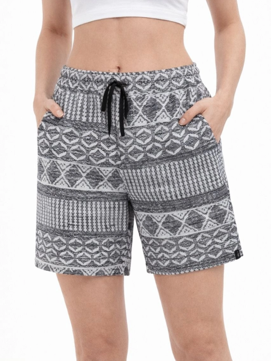 Kadın Etnik Desenli Dokuma Şort Lastikli Bel Bağcıklı Cepli Yazlık - Gri