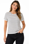 Kadın Çizgili Yazlık Triko T-shirt Bisiklet Yaka Rahat Kalıp Tişört - Beyaz Kadın Çizgili Yazlık Triko T-shirt Bisiklet Yaka Rahat Kalıp Tişört - Beyaz
