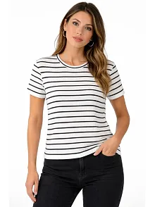 Kadın Çizgili Yazlık Triko T-shirt Bisiklet Yaka Rahat Kalıp Tişört - Beyaz