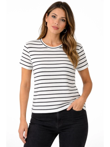 Kadın Çizgili Yazlık Triko T-shirt Bisiklet Yaka Rahat Kalıp Tişört - Beyaz