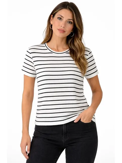 Kadın Çizgili Yazlık Triko T-shirt Bisiklet Yaka Rahat Kalıp Tişört - Beyaz