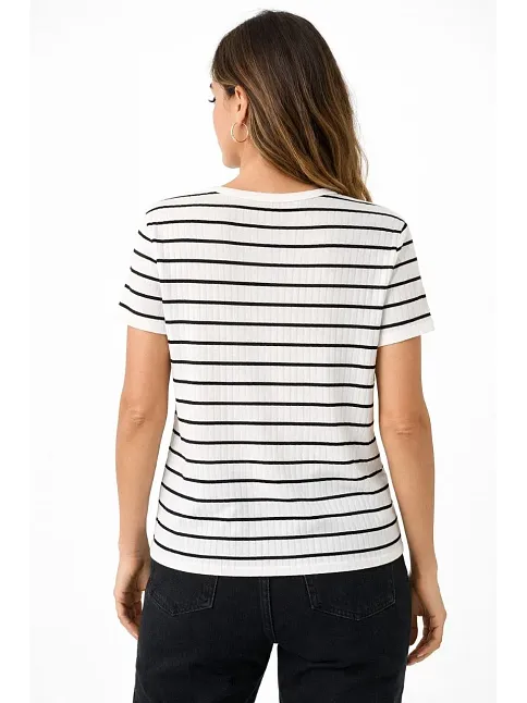 Kadın Çizgili Yazlık Triko T-shirt Bisiklet Yaka Rahat Kalıp Tişört - Beyaz