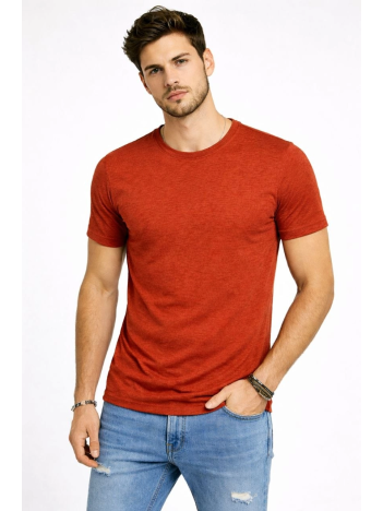 Erkek Flam Kumaş Melanj Dokulu Regular Fit Tişört Bisiklet Yaka Yazlık T-shirt - Kiremit