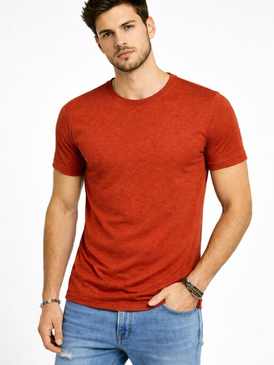 Erkek Flam Kumaş Melanj Dokulu Regular Fit Tişört Bisiklet Yaka Yazlık T-shirt - Kiremit