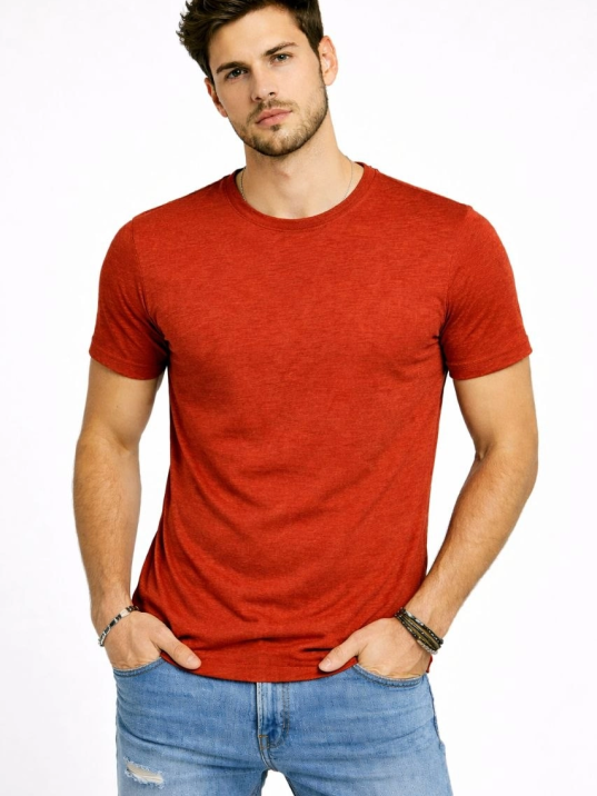 Erkek Flam Kumaş Melanj Dokulu Regular Fit Tişört Bisiklet Yaka Yazlık T-shirt - Kiremit