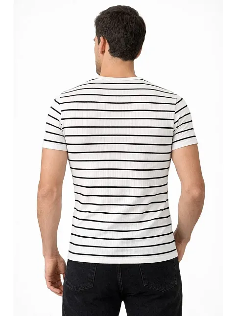 Erkek Çizgili Yazlık Triko T-shirt Slim Fit Dar Kesim Body Bisiklet Yaka - Beyaz