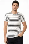 Erkek Çizgili Yazlık Triko T-shirt Slim Fit Dar Kesim Body Bisiklet Yaka - Beyaz
