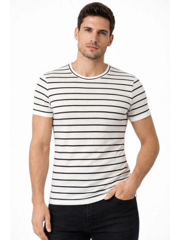 Erkek Çizgili Yazlık Triko T-shirt Slim Fit Dar Kesim Body Bisiklet Yaka - Beyaz
