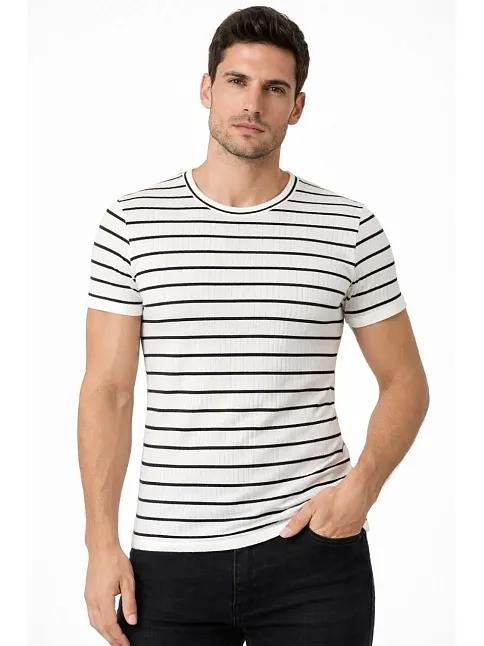 Erkek Çizgili Yazlık Triko T-shirt Slim Fit Dar Kesim Body Bisiklet Yaka - Beyaz