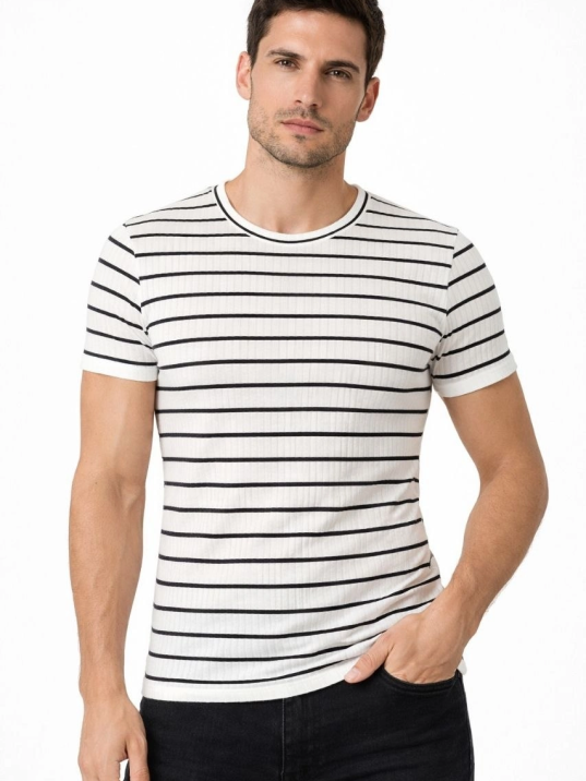 Erkek Çizgili Yazlık Triko T-shirt Slim Fit Dar Kesim Body Bisiklet Yaka - Beyaz