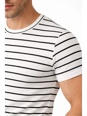 Erkek Çizgili Yazlık Triko T-shirt Slim Fit Dar Kesim Body Bisiklet Yaka - Beyaz