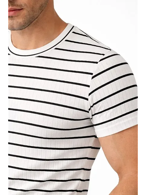 Erkek Çizgili Yazlık Triko T-shirt Slim Fit Dar Kesim Body Bisiklet Yaka - Beyaz