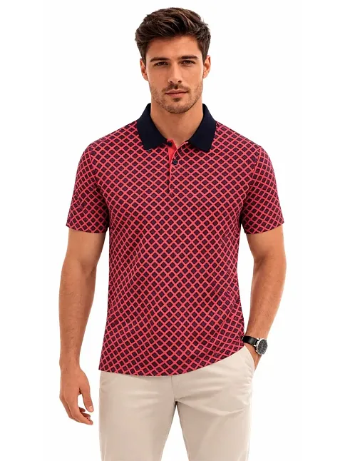 Erkek Pike Kumaş Polo Yaka Desenli Tişört Kısa Kol Yazlık T-shirt - Kırmızı