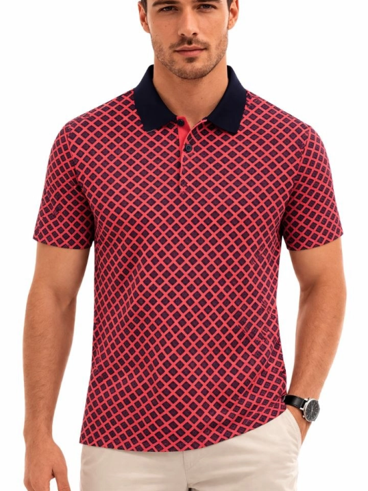 Erkek Pike Kumaş Polo Yaka Desenli Tişört Kısa Kol Yazlık T-shirt - Kırmızı