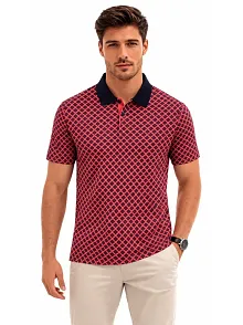 Erkek Pike Kumaş Polo Yaka Desenli Tişört Kısa Kol Yazlık T-shirt - Kırmızı