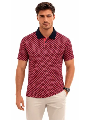 Erkek Pike Kumaş Polo Yaka Desenli Tişört Kısa Kol Yazlık T-shirt - Kırmızı