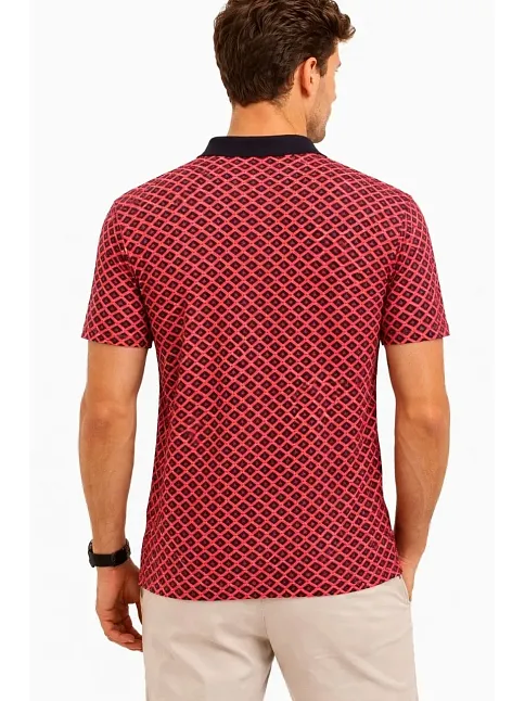 Erkek Pike Kumaş Polo Yaka Desenli Tişört Kısa Kol Yazlık T-shirt - Kırmızı