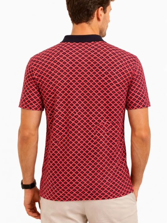 Erkek Pike Kumaş Polo Yaka Desenli Tişört Kısa Kol Yazlık T-shirt - Kırmızı