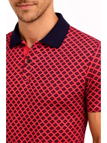 Erkek Pike Kumaş Polo Yaka Desenli Tişört Kısa Kol Yazlık T-shirt - Kırmızı