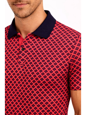 Erkek Pike Kumaş Polo Yaka Desenli Tişört Kısa Kol Yazlık T-shirt - Kırmızı