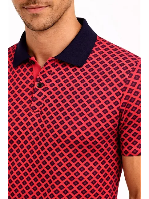 Erkek Pike Kumaş Polo Yaka Desenli Tişört Kısa Kol Yazlık T-shirt - Kırmızı