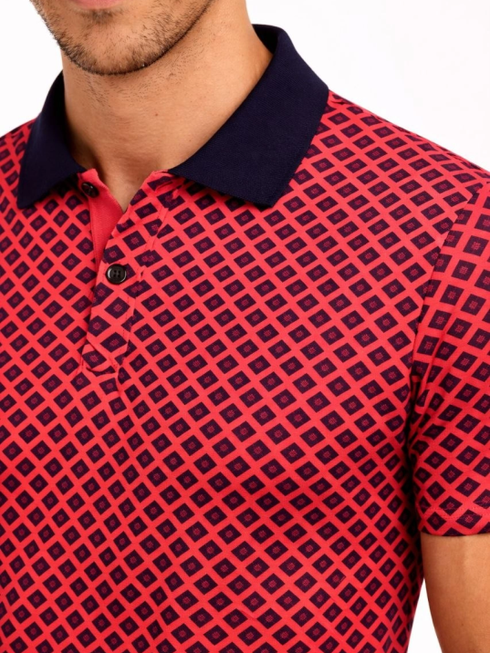 Erkek Pike Kumaş Polo Yaka Desenli Tişört Kısa Kol Yazlık T-shirt - Kırmızı