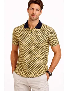 Erkek Pike Kumaş Polo Yaka Desenli Tişört Kısa Kol Yazlık T-shirt - Sarı