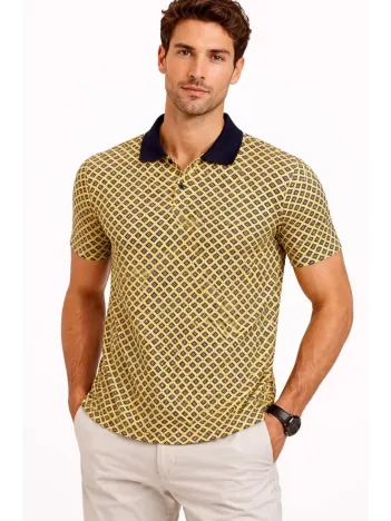 Erkek Pike Kumaş Polo Yaka Desenli Tişört Kısa Kol Yazlık T-shirt - Sarı