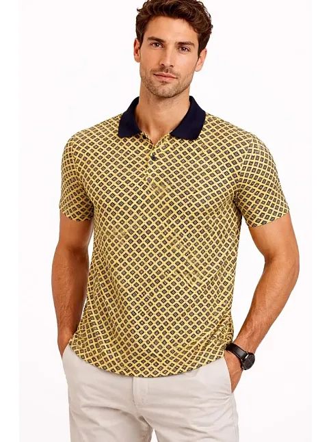 Erkek Pike Kumaş Polo Yaka Desenli Tişört Kısa Kol Yazlık T-shirt - Sarı