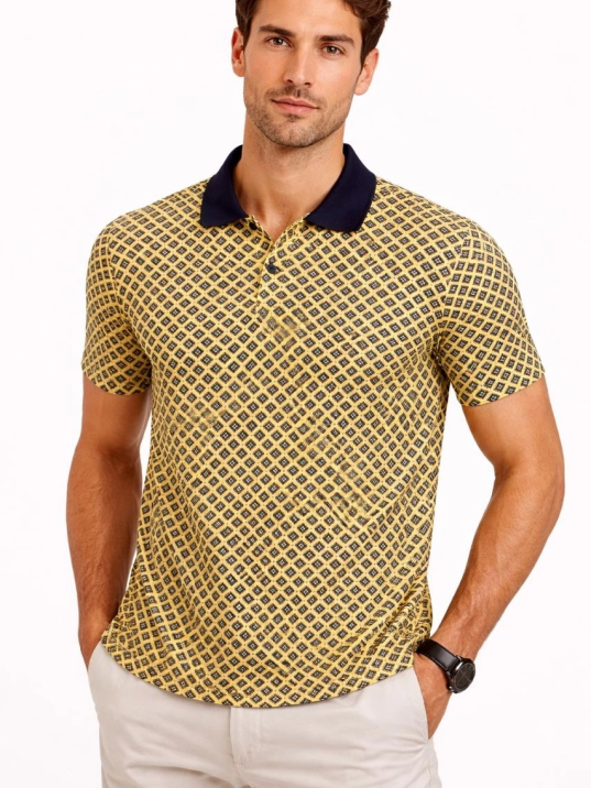 Erkek Pike Kumaş Polo Yaka Desenli Tişört Kısa Kol Yazlık T-shirt - Sarı