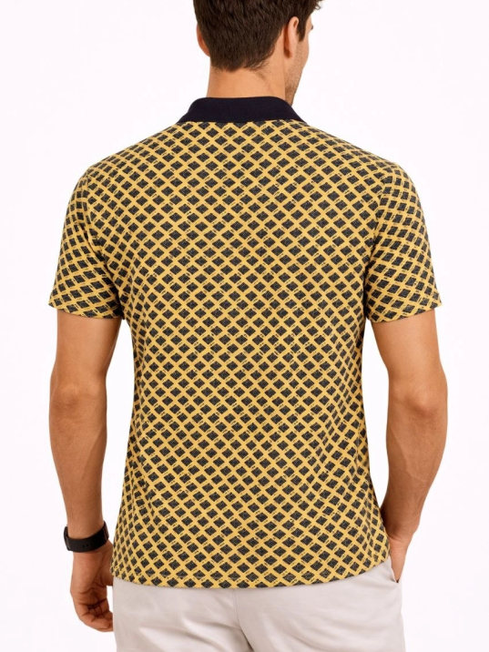 Erkek Pike Kumaş Polo Yaka Desenli Tişört Kısa Kol Yazlık T-shirt - Sarı