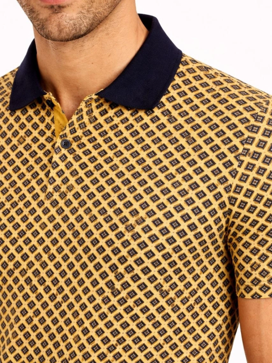 Erkek Pike Kumaş Polo Yaka Desenli Tişört Kısa Kol Yazlık T-shirt - Sarı