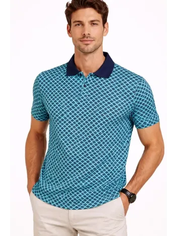 Erkek Pike Kumaş Polo Yaka Desenli Tişört Kısa Kol Yazlık T-shirt - Turkuaz