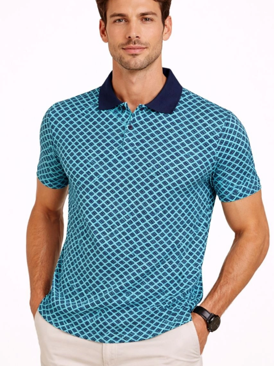 Erkek Pike Kumaş Polo Yaka Desenli Tişört Kısa Kol Yazlık T-shirt - Turkuaz