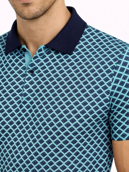 Erkek Pike Kumaş Polo Yaka Desenli Tişört Kısa Kol Yazlık T-shirt - Turkuaz