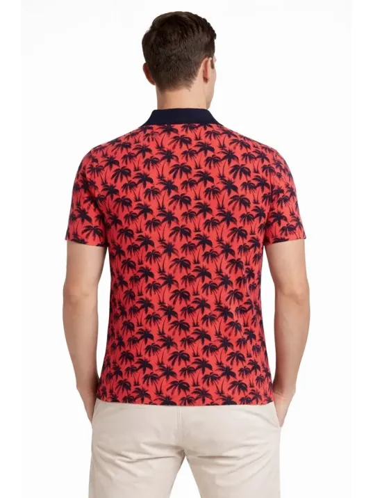 Erkek Pike Kumaş Polo Yaka Palmiye Desenli Tişört Kısa Kol Yazlık T-shirt - Kırmızı