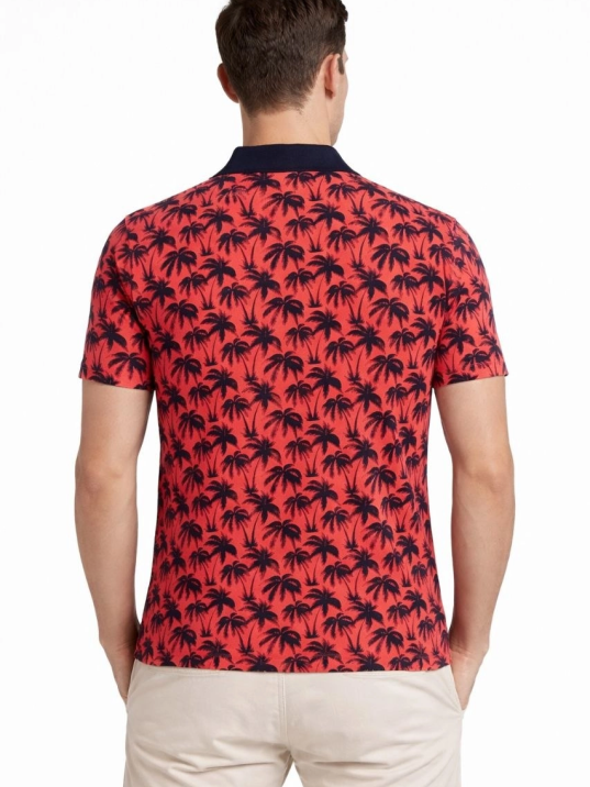 Erkek Pike Kumaş Polo Yaka Palmiye Desenli Tişört Kısa Kol Yazlık T-shirt - Kırmızı
