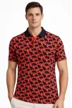 Erkek Pike Kumaş Polo Yaka Palmiye Desenli Tişört Kısa Kol Yazlık T-shirt - Kırmızı