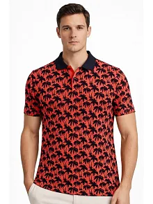 Erkek Pike Kumaş Polo Yaka Palmiye Desenli Tişört Kısa Kol Yazlık T-shirt - Kırmızı