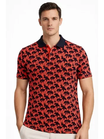Erkek Pike Kumaş Polo Yaka Palmiye Desenli Tişört Kısa Kol Yazlık T-shirt - Kırmızı