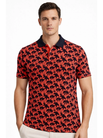 Erkek Pike Kumaş Polo Yaka Palmiye Desenli Tişört Kısa Kol Yazlık T-shirt - Kırmızı