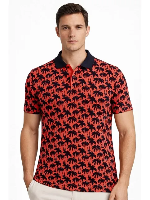 Erkek Pike Kumaş Polo Yaka Palmiye Desenli Tişört Kısa Kol Yazlık T-shirt - Kırmızı
