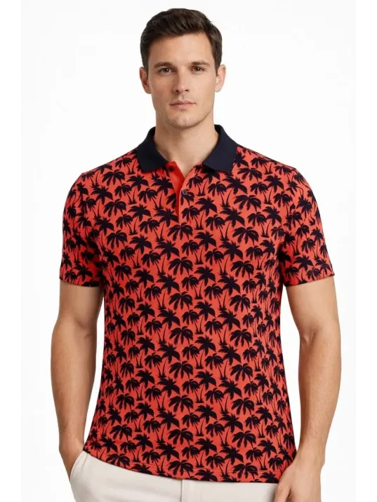 Erkek Pike Kumaş Polo Yaka Palmiye Desenli Tişört Kısa Kol Yazlık T-shirt - Kırmızı