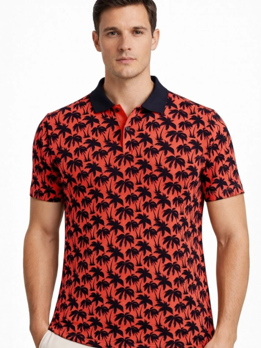 Erkek Pike Kumaş Polo Yaka Palmiye Desenli Tişört Kısa Kol Yazlık T-shirt - Kırmızı