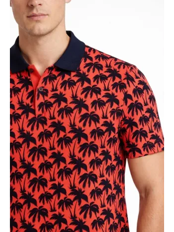 Erkek Pike Kumaş Polo Yaka Palmiye Desenli Tişört Kısa Kol Yazlık T-shirt - Kırmızı