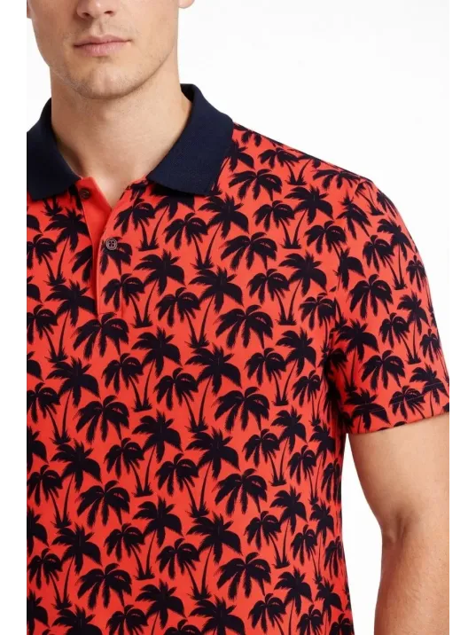 Erkek Pike Kumaş Polo Yaka Palmiye Desenli Tişört Kısa Kol Yazlık T-shirt - Kırmızı