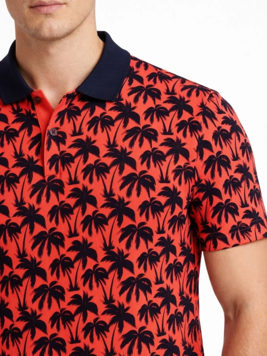 Erkek Pike Kumaş Polo Yaka Palmiye Desenli Tişört Kısa Kol Yazlık T-shirt - Kırmızı