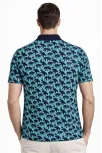 Erkek Pike Kumaş Polo Yaka Palmiye Desenli Tişört Kısa Kol Yazlık T-shirt - Turkuaz