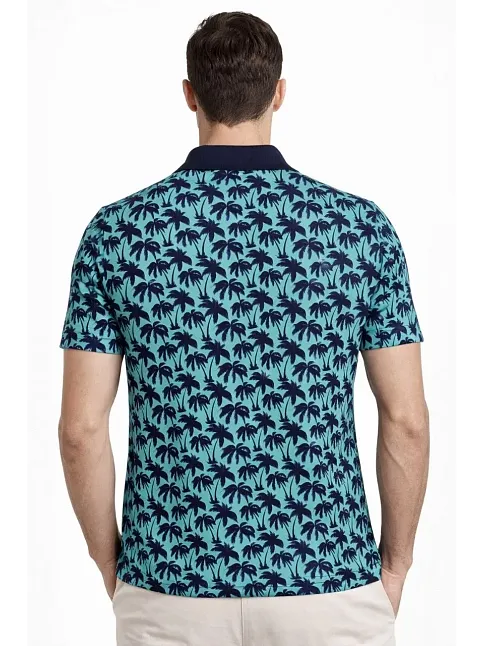 Erkek Pike Kumaş Polo Yaka Palmiye Desenli Tişört Kısa Kol Yazlık T-shirt - Turkuaz