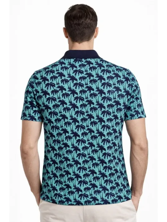 Erkek Pike Kumaş Polo Yaka Palmiye Desenli Tişört Kısa Kol Yazlık T-shirt - Turkuaz